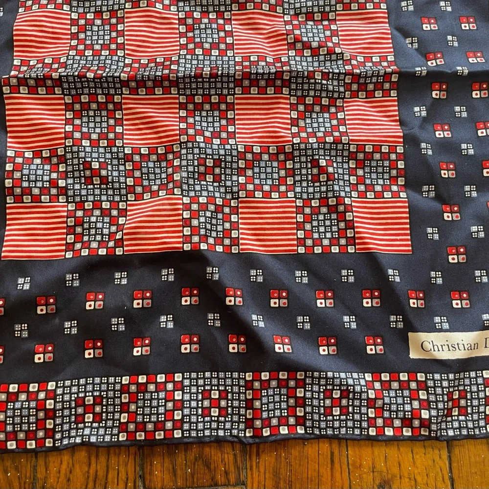 Stunning Christian Dior Blue Red White Silk Hand Roll Scarf, Luxury ❤️